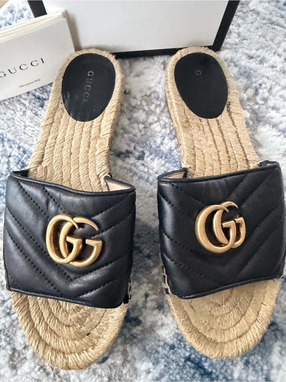 Gucci Black Quilted Leather GG Espadrille Slides with Gold Hardware - Picture 2 of 9